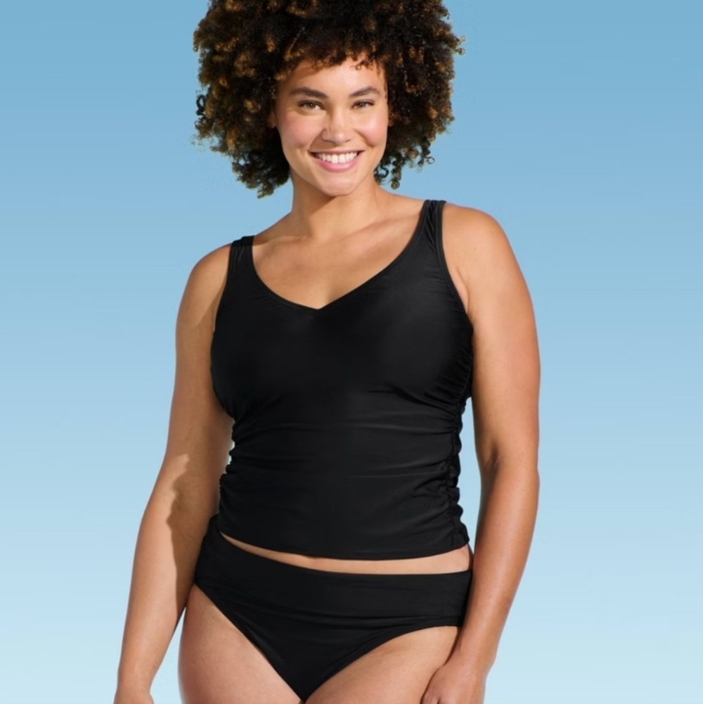 Lands' End Women's V-Neck Shirred Tankini Top - Black 4